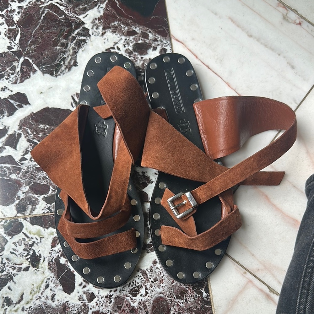 Sol Sana Brown and Black Sandals with Crisscross Straps